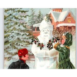 Santa Claus Snowman Christmas Postcard IPCN Mica Glitter Embossed 1906 Antique
